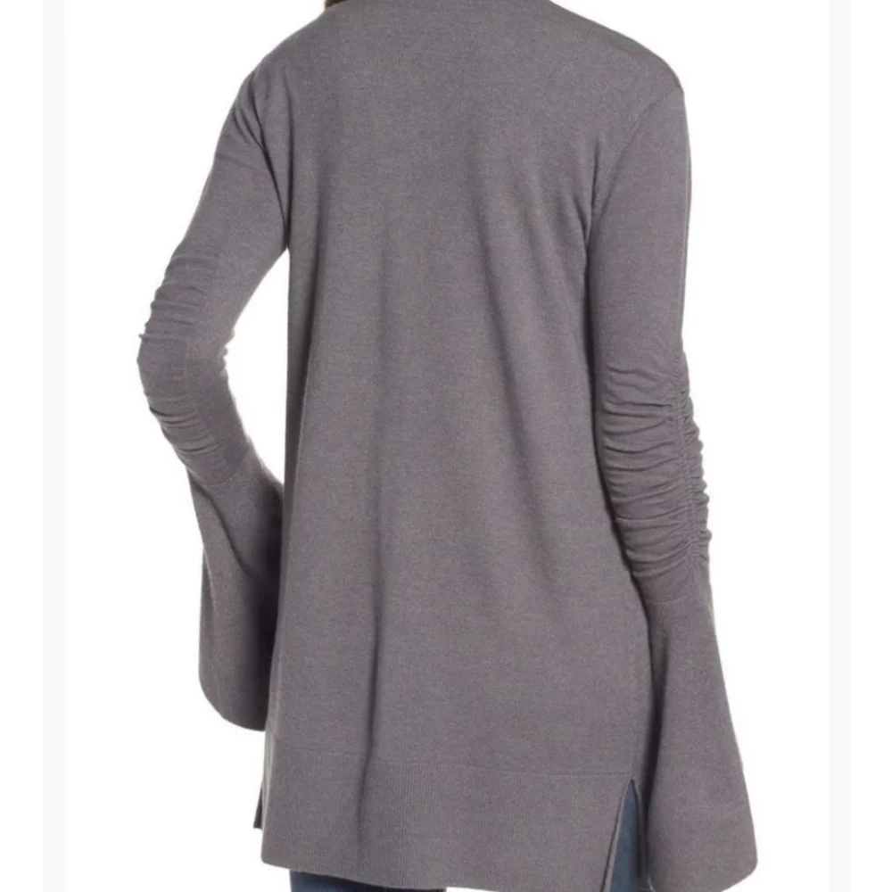 HINGE bell sleeve open front longline gray cardigan sweater - Picture 6 of 11